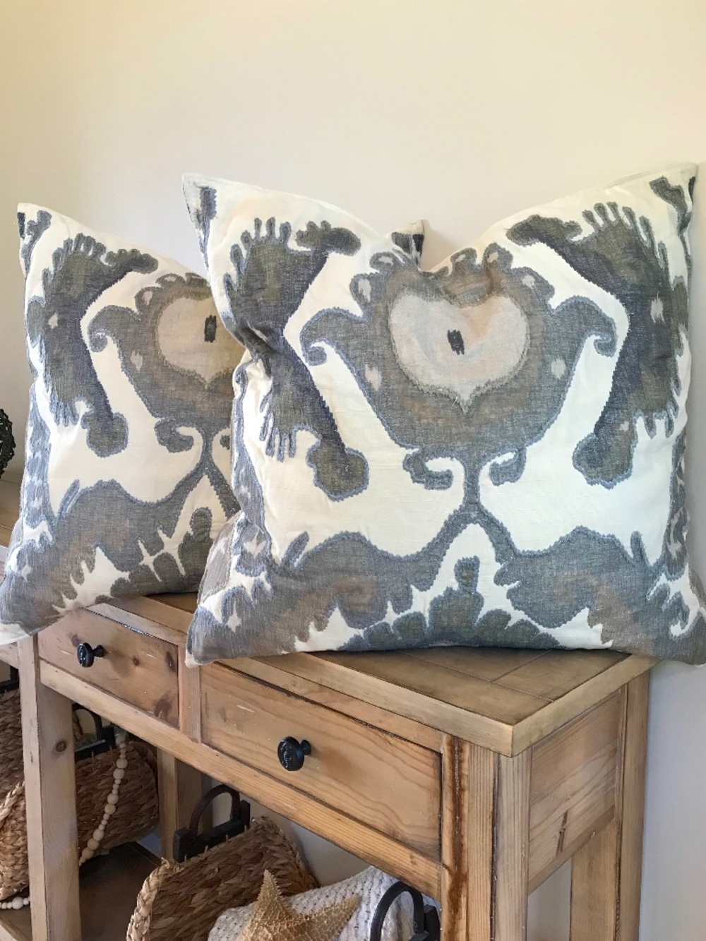 2 POTTERY BARN HUDSON IKAT EMBROIDERED THROW PILLOWS 24 x 24 W/ PB INSERTS